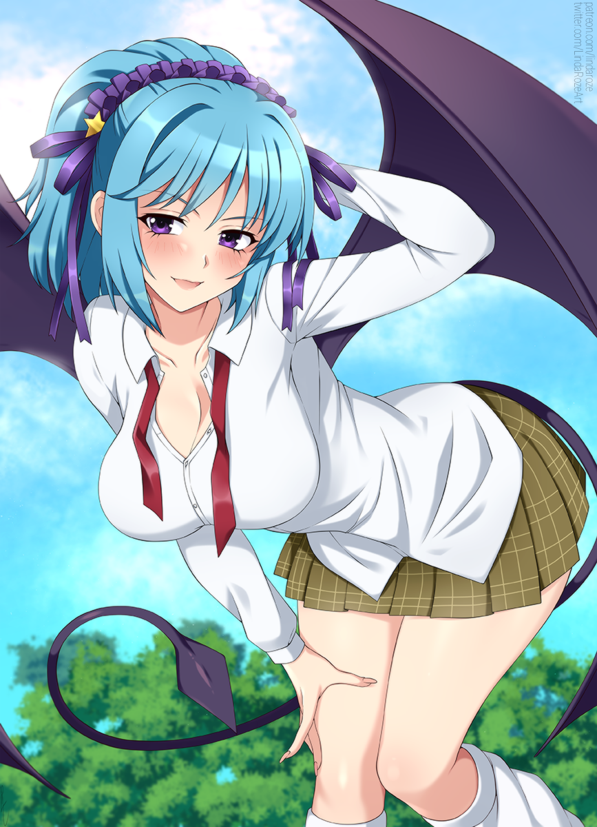 1girl :d arm_behind_head blue_hair blue_sky blush breasts clouds commentary day demon_girl demon_tail demon_wings english_commentary frilled_hairband frills hairband highres kurono_kurumu large_breasts leaning_forward leg_warmers lindaroze long_hair looking_at_viewer medium_hair neck_ribbon open_mouth outdoors partially_unbuttoned pleated_skirt red_ribbon ribbon rosario+vampire shirt skirt sky smile solo tail undone_neck_ribbon violet_eyes white_shirt wings