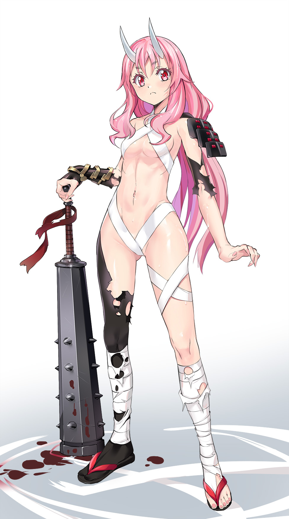 1girl armlet bandaged_leg bandages bangs blood blood_splatter blood_stain blush breasts club_(weapon) eyebrows_visible_through_hair frown hair_between_eyes highres holding holding_weapon horns kanabou long_hair looking_at_viewer midriff navel nyoro_(nyoronyoro000) oni oni_horns pink_eyes pink_hair revealing_clothes sandals shuna_(tensei_shitara_slime_datta_ken) single_thighhigh small_breasts solo spiked_club standing stomach tensei_shitara_slime_datta_ken thigh-highs torn_clothes torn_legwear under_boob very_long_hair weapon