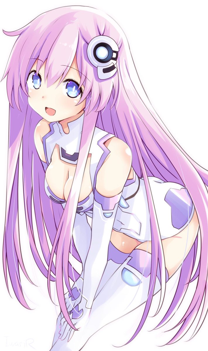 1girl bare_shoulders blue_eyes blush breasts elbow_gloves gloves hair_between_eyes highres iwashi_dorobou_-r- leotard long_hair looking_at_viewer medium_breasts neptune_(series) pink_hair power_symbol purple_hair purple_sister skin_tight smile solo symbol-shaped_pupils very_long_hair white_gloves white_leotard