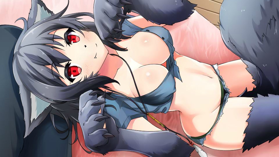 1girl animal_ears animal_hands artist_request bangs black_hair blue_shirt blush breasts claws denim denim_shorts fang game_cg green_panties jewelry long_hair looking_at_viewer lyca_(monster_musume) medium_breasts midriff monster_musume_no_iru_nichijou monster_musume_no_iru_nichijou_online necklace official_art panties paw_pose red_eyes shirt short_shorts shorts solo tail underwear wolf_ears wolf_girl wolf_tail