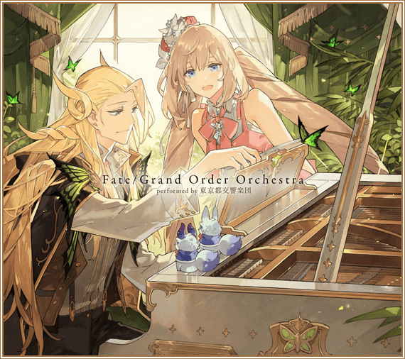 1boy 1girl black_pants blonde_hair blue_eyes bow bowtie closed_mouth curtains fate/grand_order fate_(series) fou_(fate) hat instrument long_hair marie_antoinette_(fate) marie_antoinette_(fgo_orchestra)_(fate) mini_hat official_alternate_costume official_art open_mouth pants piano pink_bow pink_bowtie shirt sitting smile starshadowmagician twintails white_shirt window wolfgang_amadeus_mozart_(fate)