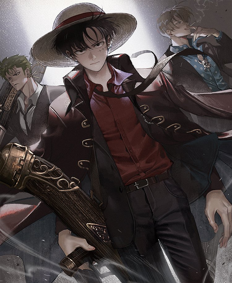 3boys black_hair blonde_hair business_suit cigarette formal green_hair hair_over_one_eye hat light_beam looking_at_viewer male_focus monkey_d._luffy mouth_hold multiple_boys necktie one_piece roronoa_zoro runa_(artist) sanji scar short_hair smoking straw_hat suit weapon