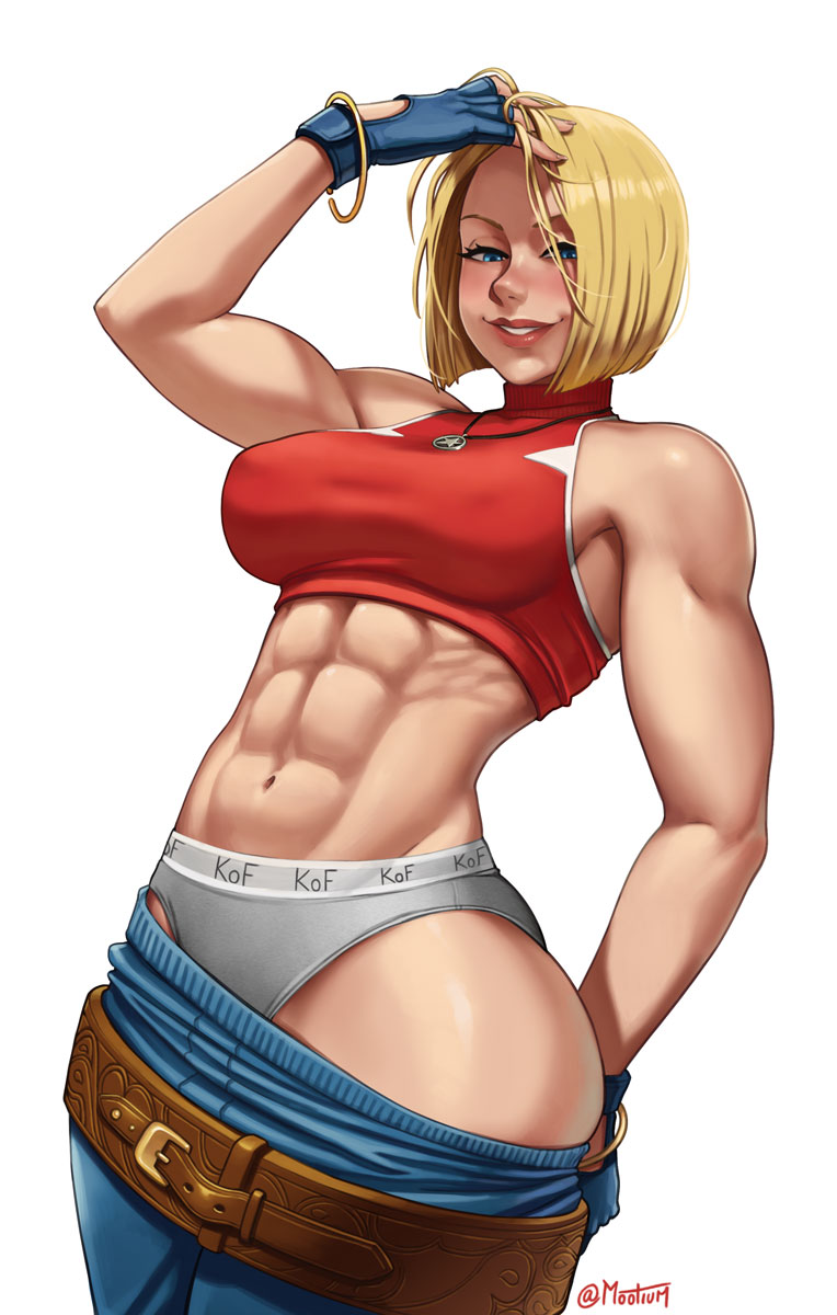 1girl abs blue_eyes blue_mary blush hand_on_head highres looking_at_viewer mootium muscular muscular_female short_hair smile the_king_of_fighters the_king_of_fighters_xv underwear