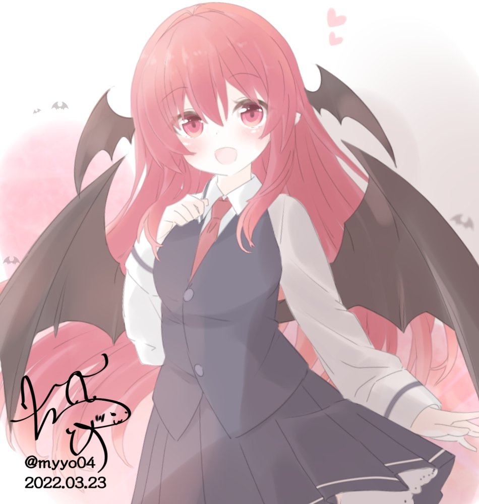 1girl blush breasts chame_(myyo04) head_wings heart koakuma long_hair long_sleeves looking_at_viewer necktie open_mouth red_eyes red_neckwear redhead shirt skirt smile solo touhou very_long_hair vest wings