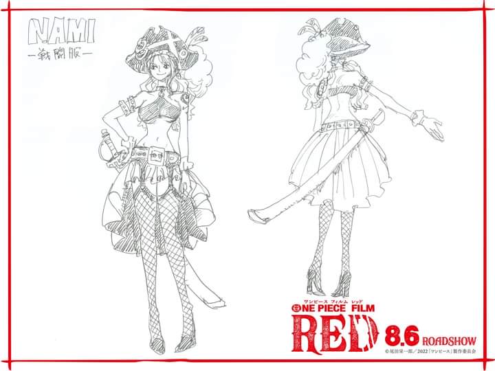 1girl breasts character_name character_sheet concept_art copyright_name fishnet_legwear fishnets gloves happy hat large_breasts long_hair midriff nami_(one_piece) navel oda_eiichirou official_art one_piece one_piece:_film_red pirate_hat simple_background sketch smile solo source_request standing sword tattoo thigh-highs thighs wavy_hair weapon white_background