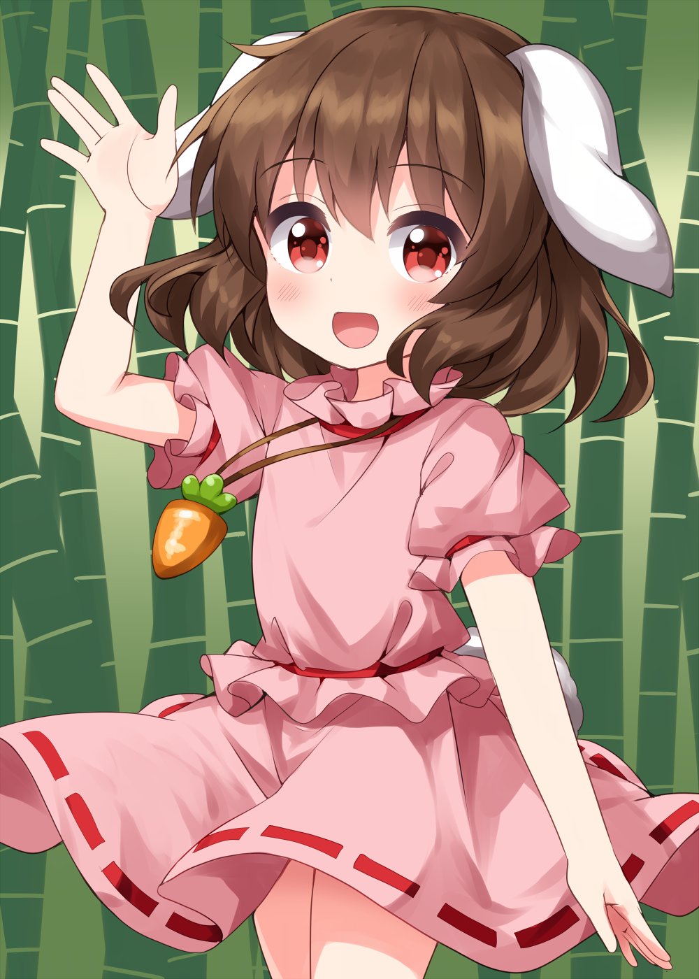 1girl animal_ears arm_up bamboo bamboo_forest bangs belt blush brown_hair carrot_necklace commentary_request dress eyebrows_visible_through_hair forest hair_between_eyes hand_up highres inaba_tewi nature one-hour_drawing_challenge open_mouth pink_dress puffy_short_sleeves puffy_sleeves rabbit_ears rabbit_tail red_belt red_eyes ruu_(tksymkw) short_hair short_sleeves smile solo tail touhou
