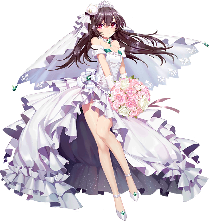 1girl anklet bare_shoulders bear_hair_ornament black_hair blush bouquet bridal_veil closed_mouth detached_sleeves diadem dress floating_hair flower full_body gloves hair_between_eyes hair_ornament high_heels iron_saga jewelry long_hair looking_at_viewer necklace official_art red_eyes short_sleeves solo standing su_rui_(iron_saga) su_rui_(iron_saga)_(bride) transparent_background veil wedding_dress white_dress white_gloves zjsstc