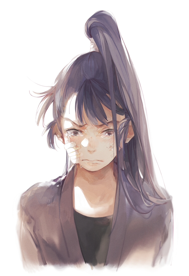 1boy bandaid bandaid_on_cheek bandaid_on_face bangs bruise bruise_on_face closed_mouth crying crying_with_eyes_open furrowed_brow hair_over_shoulder high_ponytail injury japanese_clothes looking_away looking_down male_focus messy_hair nineo ohama_kan'emon ponytail pout purple_hair rakudai_ninja_rantarou simple_background solo tears upper_body white_background