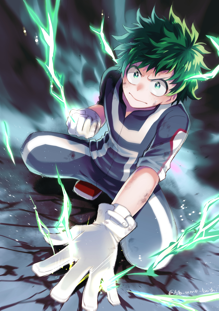 1boy boku_no_hero_academia clenched_hand dutch_angle electricity fighting_stance freckles gloves green_eyes green_hair hand_on_ground highres male_focus midoriya_izuku red_footwear solo squatting sweatdrop twitter_username u.a._gym_uniform ume_(326310) v-shaped_eyebrows white_gloves