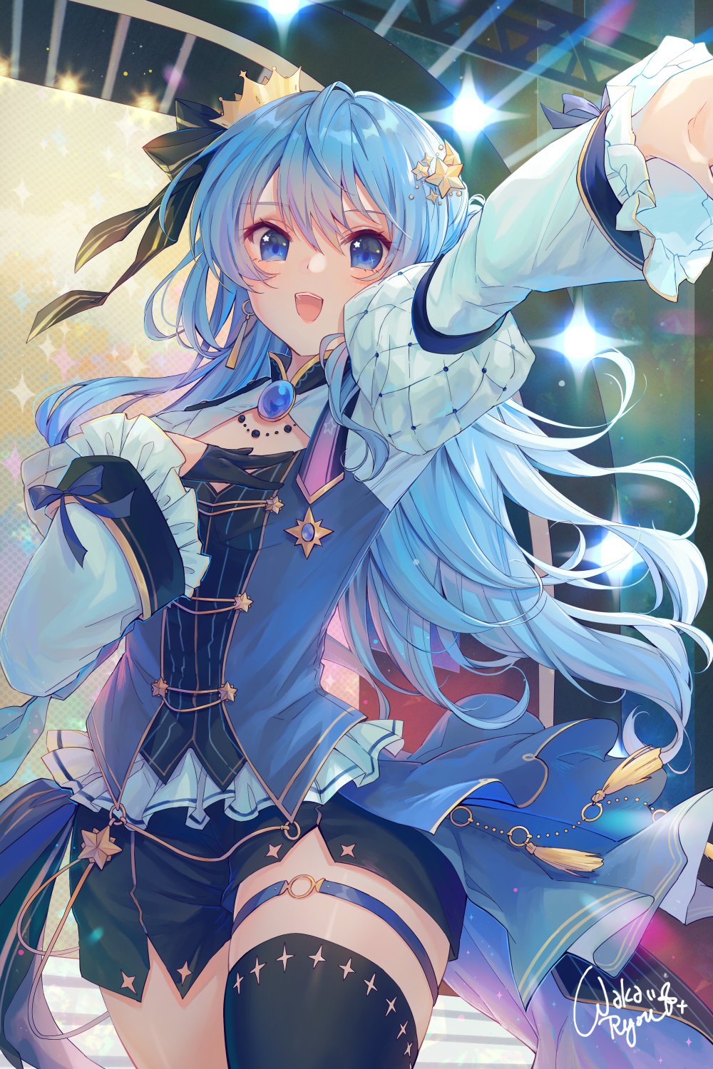 1girl artist_name bangs blue_eyes blue_hair blush commentary_request crown gloves hair_ornament hair_ribbon high_heels highres hololive hoshimachi_suisei idol juliet_sleeves long_hair long_sleeves looking_at_viewer mini_crown open_mouth puffy_sleeves ribbon single_glove single_thighhigh solo star_(symbol) star_hair_ornament star_in_eye symbol_in_eye thigh-highs thigh_strap virtual_youtuber waka_ryou