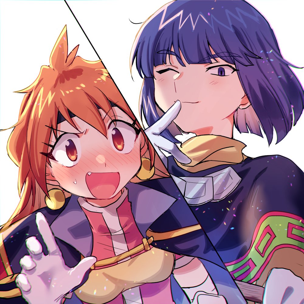 1boy 1girl bangs black_cape blunt_bangs blush breasts cape capelet closed_mouth commentary_request earrings eyebrows_visible_through_hair fang finger_to_mouth gloves jewelry lina_inverse long_hair one_eye_closed open_mouth orange_eyes orange_hair purple_capelet purple_hair red_shirt shirt short_hair simple_background slayers small_breasts smile split_screen sweatdrop upper_body violet_eyes white_background white_gloves xelloss xox_xxxxxx