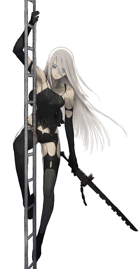 1girl android black_gloves black_legwear blue_eyes breasts closed_mouth elbow_gloves gloves ladder long_hair looking_at_viewer nier_(series) nier_automata sakamoto_mineji silver_hair simple_background solo sword thigh-highs weapon white_background yorha_type_a_no._2