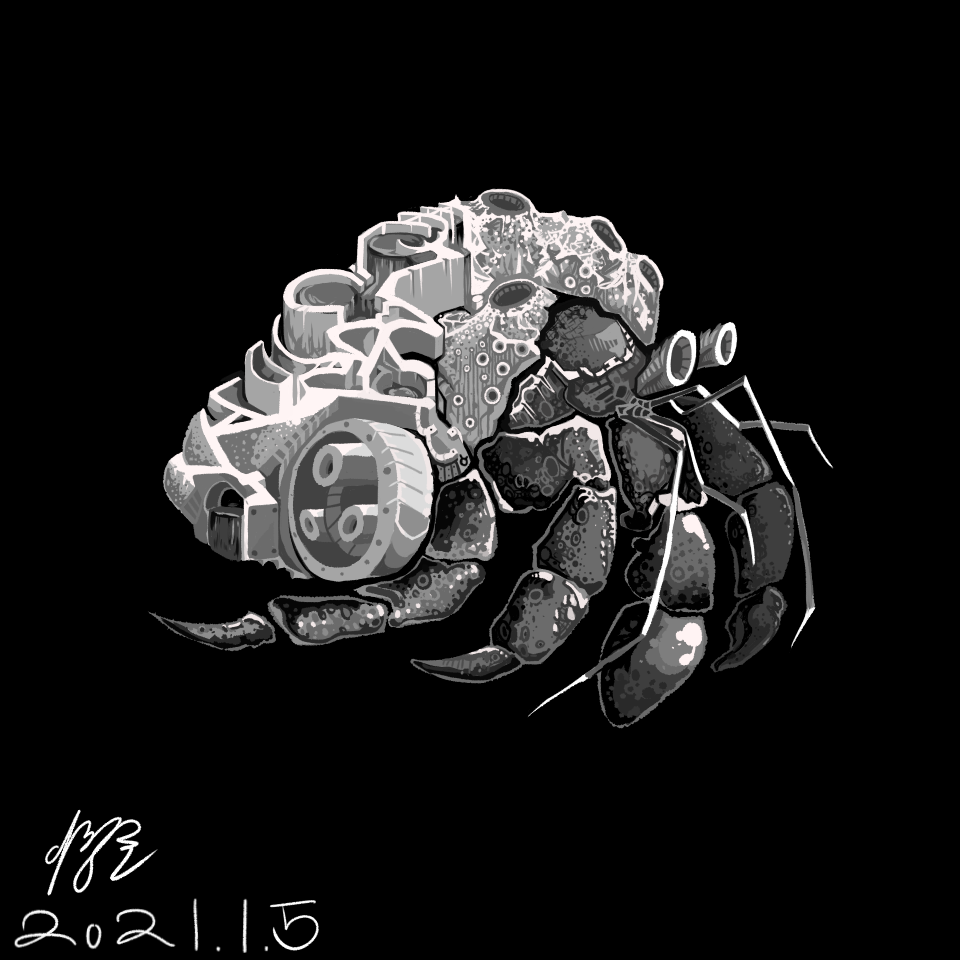 abstract animal animal_focus artist_name black_background commentary_request dated full_body greyscale haembokeyo hermit_crab korean_commentary monochrome no_humans original signature simple_background