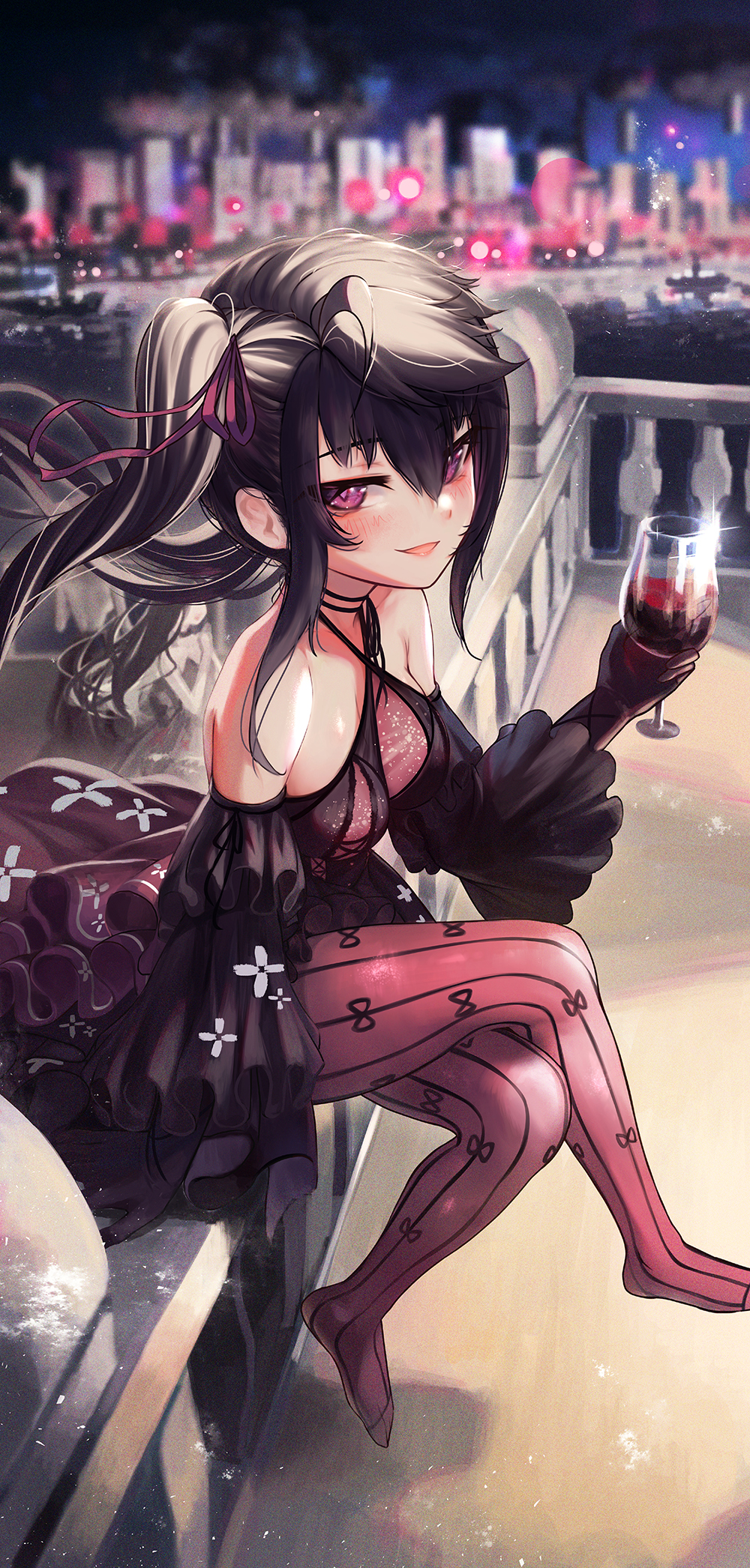 1girl ahoge alcohol bangs bare_shoulders black_dress black_gloves black_hair blurry blurry_background breasts cityscape crossed_legs cup dress drinking_glass eyebrows_visible_through_hair floating_hair full_body gloves hair_between_eyes hair_ribbon halter_dress halterneck highres holding holding_cup long_hair long_sleeves looking_at_viewer medium_breasts night no_shoes original outdoors pantyhose parted_lips priite_hari_(torriet) purple_ribbon red_legwear ribbon sitting smile solo striped striped_legwear torriet twintails vertical-striped_legwear vertical_stripes violet_eyes wine wine_glass