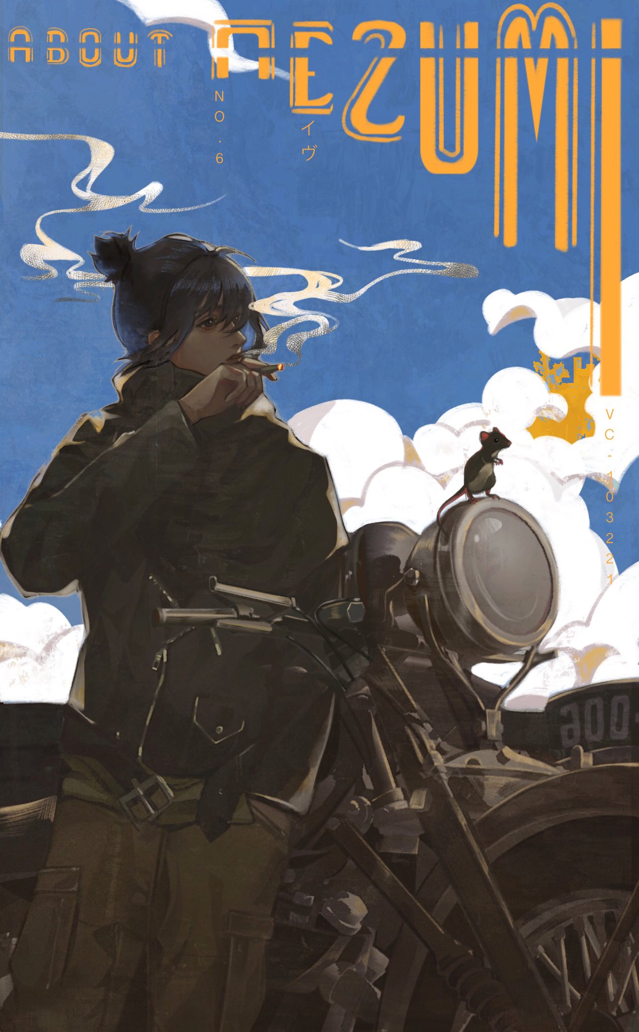 1boy animal bangs belt between_fingers black_hair black_jacket blue_sky character_name chinese_zodiac cigarette clouds copyright_name cowboy_shot dated day ground_vehicle hand_in_pocket hand_up highres holding holding_cigarette jacket long_sleeves looking_away looking_to_the_side male_focus motor_vehicle mouse nezumi_(no.6) no.6 open_belt outdoors pants pocket ponytail sbgpand sidelocks sky smoke smoking solo turtleneck year_of_the_rat