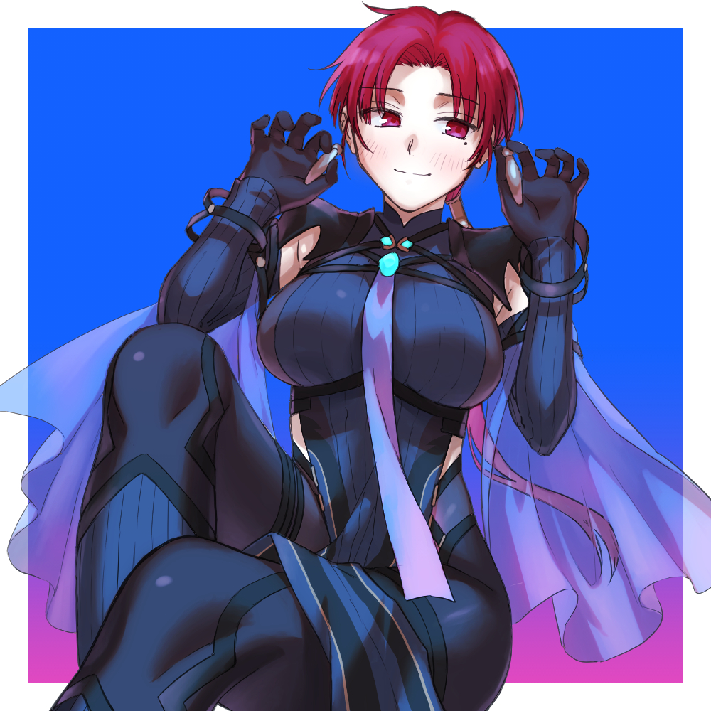 1girl bangs bazett_fraga_mcremitz black_bodysuit blush bodysuit breasts earrings fate/grand_order fate_(series) haruyolivine jewelry large_breasts long_hair looking_at_viewer low_ponytail manannan_mac_lir_(fate) mole mole_under_eye parted_bangs pelvic_curtain red_eyes redhead sitting smile solo thighs