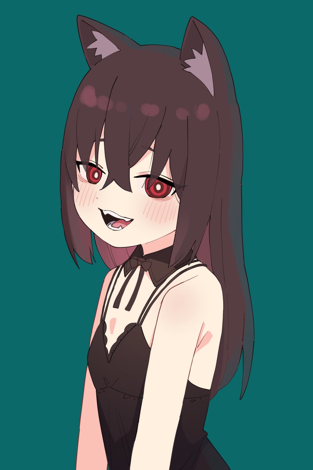 1girl animal_ear_fluff animal_ears bangs bare_shoulders blush breasts brown_hair cat_ears chemise crossed_bangs detached_sleeves fangs green_background highres kamo_(kamonabe_44) long_hair looking_at_viewer open_mouth original red_eyes ringed_eyes simple_background small_breasts smile solo teeth tongue upper_body white_fur
