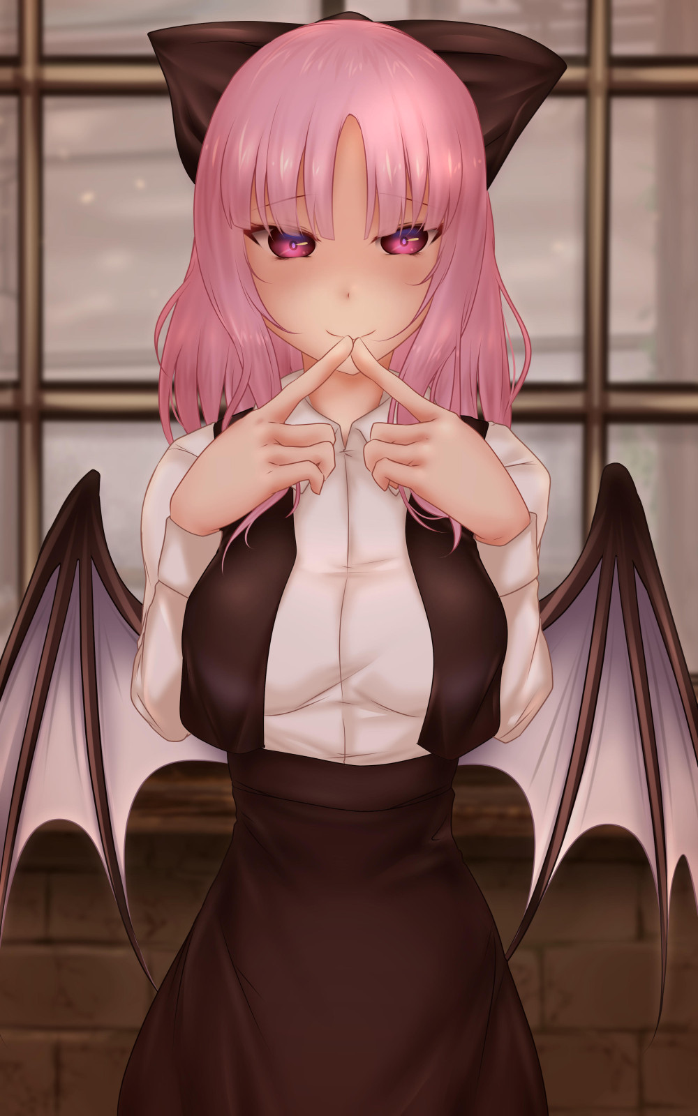 1girl bangs black_bow black_skirt black_vest blush bow breasts character_request collared_shirt commentary_request cowboy_shot demon_wings hair_bow highres large_breasts long_sleeves looking_at_viewer parted_bangs pink_hair purple_wings shirt shounen_(hogehoge) skirt smile touhou touhou_(pc-98) vest violet_eyes white_shirt wings