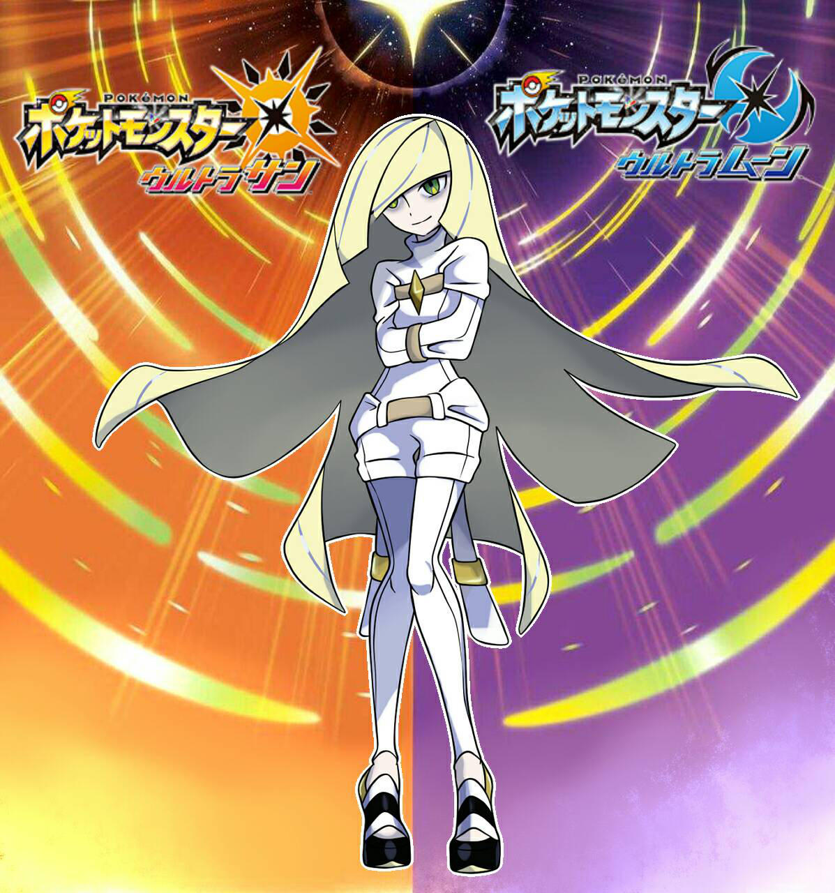 1girl adapted_costume bangs blonde_hair blunt_bangs closed_mouth commentary copyright_name english_commentary floating_hair full_body green_eyes high_heels highres knees leggings long_hair looking_down lusamine_(pokemon) multicolored_hair overalls pigeon-toed pokemon pokemon_(game) pokemon_usum rjamez-the-v smile solo standing straitjacket streaked_hair turtleneck very_long_hair watermark white_legwear white_overalls