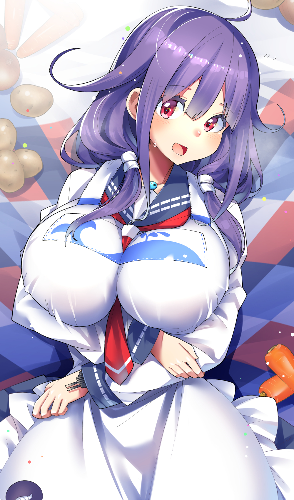 1girl ahoge black_sailor_collar blush breasts carrot collarbone eyebrows_visible_through_hair food hair_between_eyes hair_flaps highres kantai_collection large_breasts long_hair long_sleeves low_twintails neckerchief open_mouth potato purple_hair red_eyes red_neckerchief sailor_collar school_uniform serafuku smile solo taigei_(kancolle) twintails umigarasu_(kitsune1963) vegetable