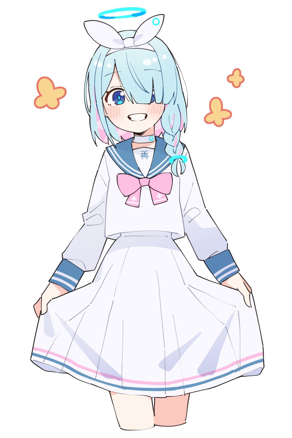 1girl arona_(blue_archive) bangs blue_archive blue_eyes blue_hair blush bow bow_hairband bowtie braid choker cropped_legs grin hair_over_one_eye hairband highres kamo_(kamonabe_44) long_hair long_sleeves looking_at_viewer multicolored_hair pink_bow pink_bowtie sailor_collar shirt simple_background single_braid skirt skirt_hold smile solo teeth two-tone_hair white_background white_shirt white_skirt