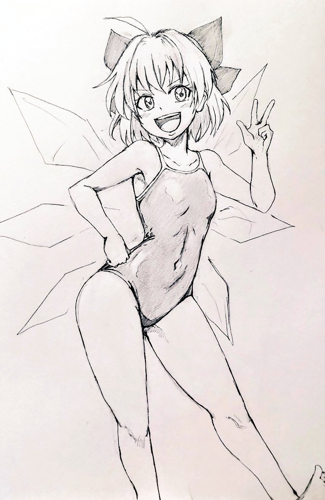 1girl :d bow breasts cirno contrapposto d-m_(dii_emu) greyscale hair_bow hand_on_hip ice ice_wings looking_at_viewer monochrome one-piece_swimsuit open_mouth school_swimsuit short_hair small_breasts smile solo swimsuit touhou w wings