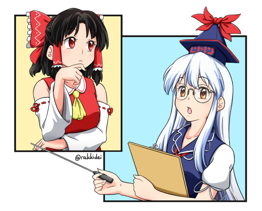 2girls arm_under_breasts ascot bangs black_hair blue_dress blue_hair blue_headwear bow breasts brown_eyes collared_dress collared_vest commentary dress frilled_bow frills glasses hair_bow hair_tubes hakurei_reimu kamishirasawa_keine long_hair long_sleeves medium_breasts medium_hair multicolored_hair multiple_girls neckerchief open_mouth pointer pointy_hat puffy_short_sleeves puffy_sleeves rakkidei red_bow red_eyes red_ribbon red_vest ribbon ribbon-trimmed_sleeves ribbon_trim short_sleeves sidelocks silver_hair skirt teacher thinking touhou two-tone_hair vest white_skirt white_sleeves wide_sleeves yellow_ascot