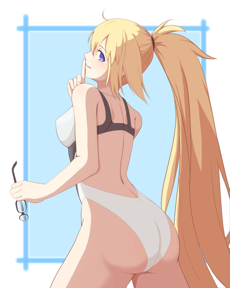 1girl ass blonde_hair blue_eyes commentary_request competition_swimsuit cowboy_shot drill_bulbul eyewear_removed fate/grand_order fate_(series) finger_to_mouth index_finger_raised jeanne_d'arc_(fate) jeanne_d'arc_(swimsuit_archer)_(fate) looking_at_viewer looking_back one-piece_swimsuit ponytail solo swimsuit white_swimsuit
