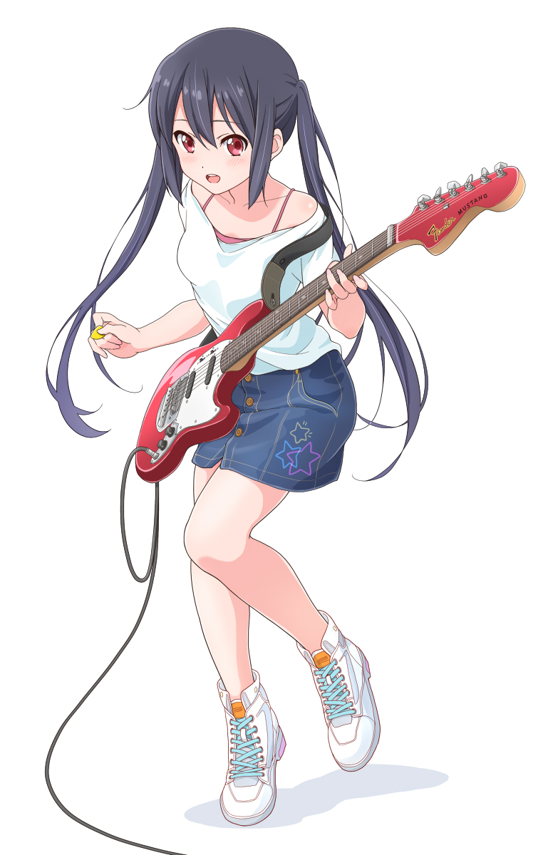 1girl bangs bare_shoulders black_hair blue_shirt blush buttons camisole collarbone commentary_request denim denim_skirt dresstrip eyebrows_visible_through_hair full_body guitar hair_between_eyes highres holding holding_instrument instrument k-on! long_hair looking_at_viewer nakano_azusa off-shoulder_shirt off_shoulder open_mouth pink_camisole red_eyes shirt shoes short_sleeves simple_background skirt smile sneakers solo strap teeth twintails upper_teeth very_long_hair white_background white_footwear white_shirt