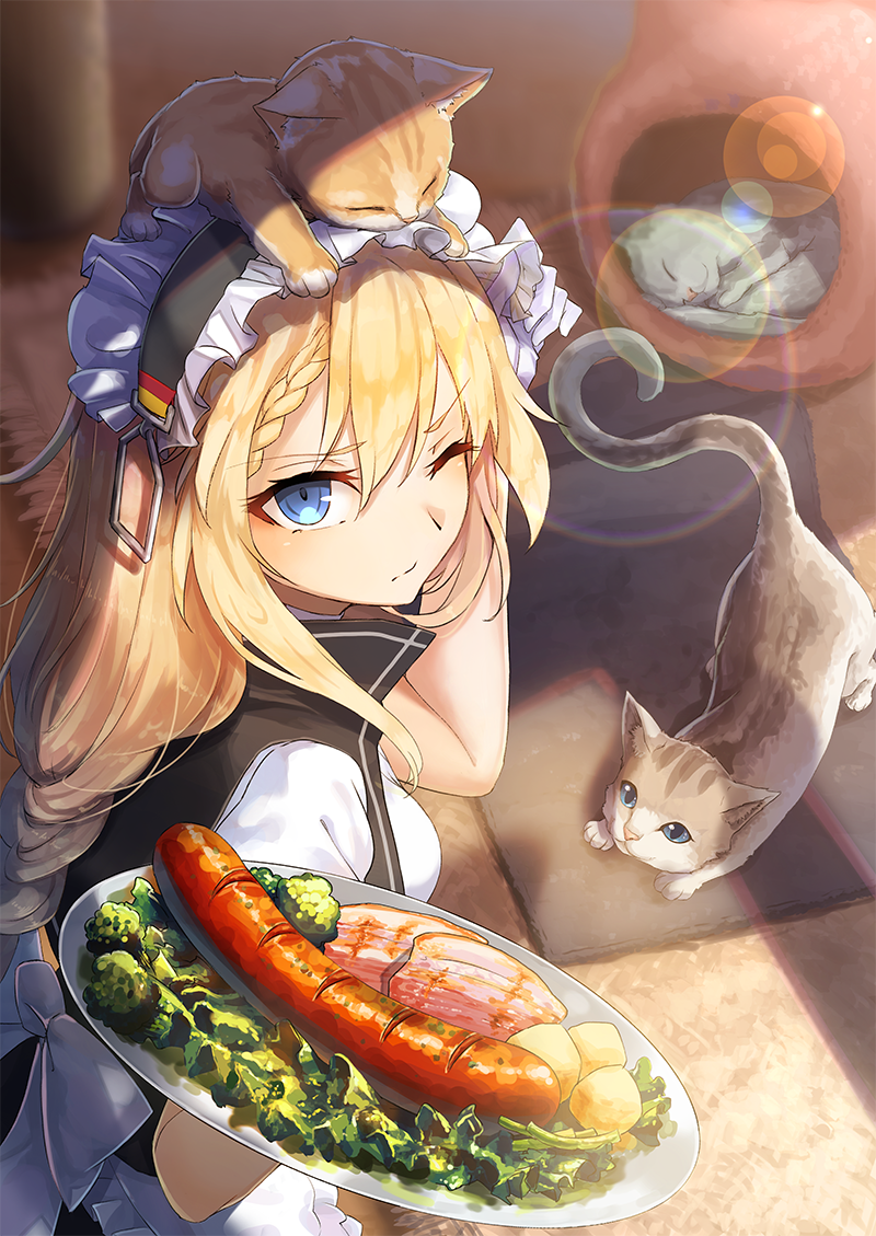 1girl apron bangs blonde_hair blue_eyes braid braided_bangs breasts broccoli carpet carrying cat closed_mouth commentary_request day dress expressionless eyebrows_visible_through_hair food g36_(girls'_frontline) girls_frontline gloves hair_between_eyes holding indoors long_hair looking_at_viewer maid maid_apron maid_headdress meat medium_breasts one_eye_closed plate potato salad sausage sleeping solo very_long_hair vikpie