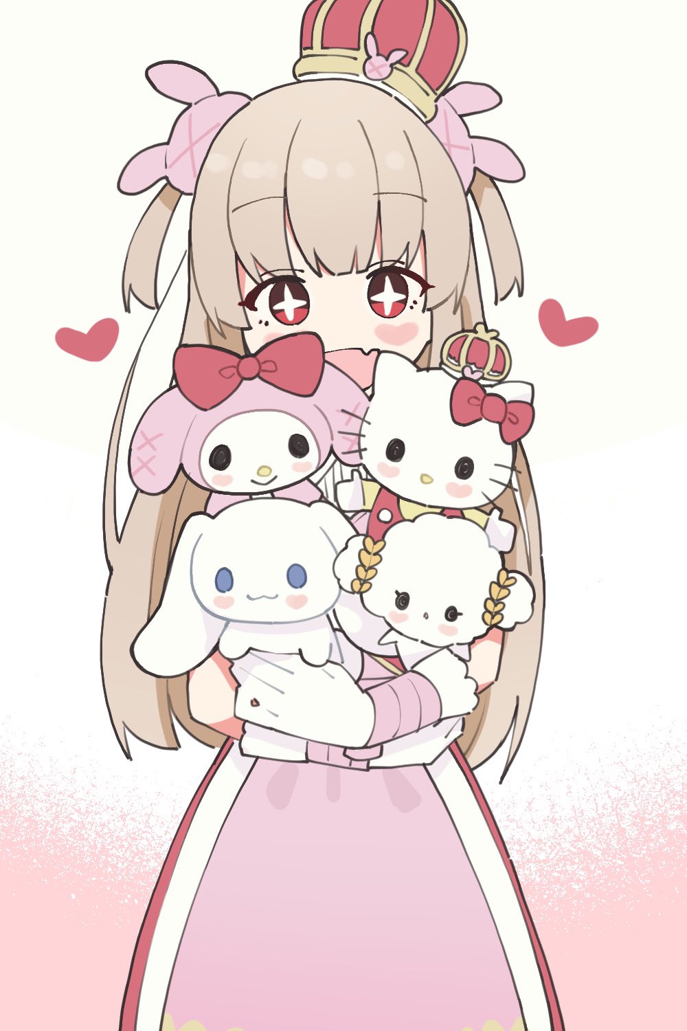 +_+ 1girl bangs brown_hair character_request cinnamoroll copyright_request crown doll_hug fang gloves heart hello_kitty hello_kitty_(character) highres kamo_(kamonabe_44) long_hair looking_at_viewer my_melody natori_sana object_hug onegai_my_melody open_mouth red_eyes sana_channel sanrio skin_fang smile solo stuffed_toy two_side_up upper_body virtual_youtuber white_gloves