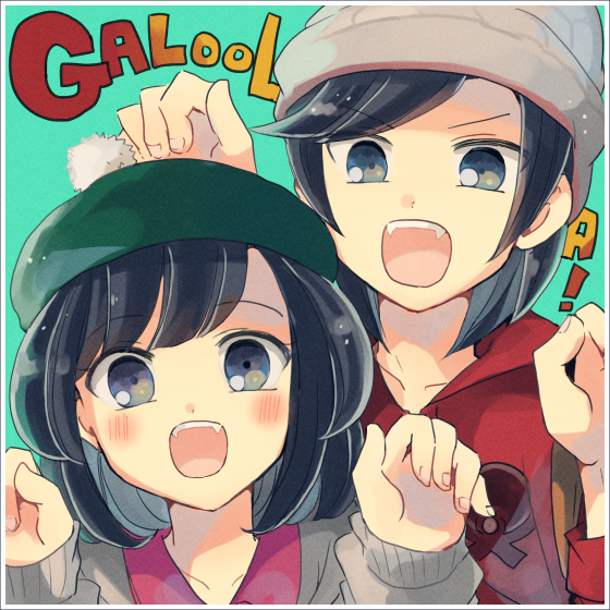 ! 1boy 1girl atsumi_yoshioka bangs beanie black_hair blush border claw_pose collarbone cosplay elio_(pokemon) eyebrows_visible_through_hair eyelashes gloria_(pokemon) gloria_(pokemon)_(cosplay) green_headwear grey_eyes grey_headwear hands_up hat medium_hair open_mouth pokemon pokemon_(game) pokemon_sm pokemon_swsh red_shirt selene_(pokemon) shirt swept_bangs tam_o'_shanter teeth tongue upper_teeth victor_(pokemon) victor_(pokemon)_(cosplay) white_border