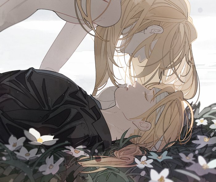 2boys alphonse_elric bandaged_head bandages bangs black_shirt blonde_hair brothers collared_shirt covered_eyes edward_elric eyelashes face-to-face field flower flower_field from_side fullmetal_alchemist hair_down hair_over_eyes hand_on_another's_face long_hair long_sleeves low_ponytail lying male_focus multiple_boys nature on_back on_ground p0ckylo parted_lips ponytail shirt siblings upper_body white_flower