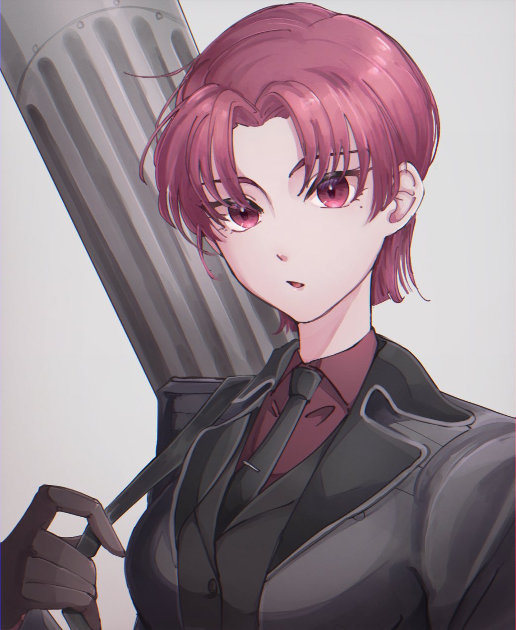 1girl bangs bazett_fraga_mcremitz black_gloves black_jacket black_necktie black_suit breasts coat collared_shirt dress_shirt fate/grand_order fate_(series) formal gloves grey_coat highres jacket large_breasts long_sleeves looking_at_viewer manannan_mac_lir_(fate) mole mole_under_eye necktie open_clothes open_coat open_mouth parted_bangs red_eyes red_shirt redhead shirt short_hair solo suit vutina_217