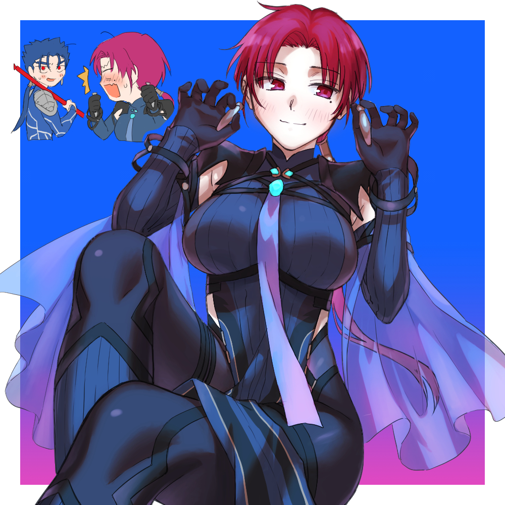 1boy 1girl bangs bazett_fraga_mcremitz black_bodysuit blue_hair blush bodysuit breasts chibi cu_chulainn_(fate) cu_chulainn_(fate/stay_night) earrings embarrassed fate/grand_order fate/stay_night fate_(series) haruyolivine jewelry large_breasts long_hair looking_at_viewer low_ponytail manannan_mac_lir_(fate) mole mole_under_eye open_mouth parted_bangs pelvic_curtain red_eyes redhead sitting smile thighs