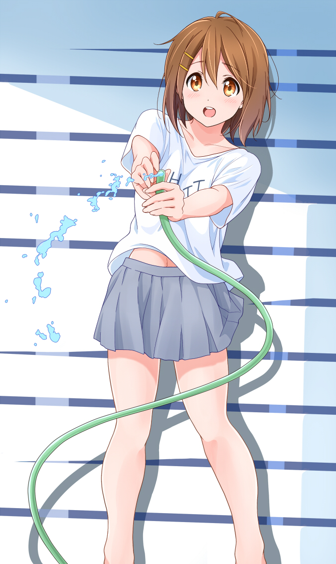 1girl bangs blue_skirt blush brown_eyes brown_hair collarbone commentary_request dresstrip eyebrows_visible_through_hair hair_between_eyes hair_ornament hairclip hirasawa_yui holding holding_hose hose k-on! looking_at_viewer miniskirt open_mouth shirt short_hair short_sleeves skirt smile solo thighs water white_shirt