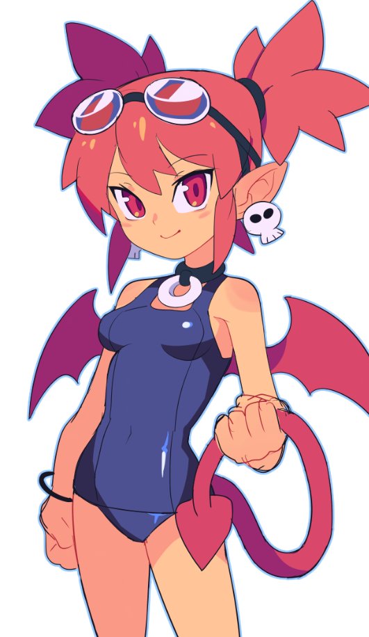 1girl alternate_costume blue_swimsuit demon_girl demon_tail demon_wings disgaea earrings etna goggles goggles_on_head holding_tail jewelry makai_senki_disgaea old_school_swimsuit one-piece_swimsuit pointy_ears red_eyes red_wings redhead school_swimsuit skull_earrings slammo solo swimsuit tail wings