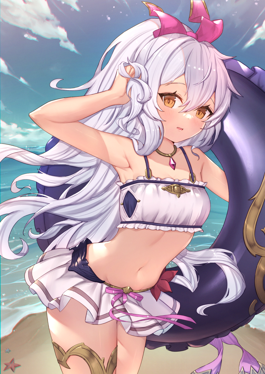 1girl arm_up armpits bare_arms bare_shoulders beach bikini breasts cowboy_shot frills granblue_fantasy hair_ribbon highres innertube jewelry leaning_forward long_hair looking_at_viewer medusa_(shingeki_no_bahamut) midriff miniskirt navel necklace orange_eyes outdoors parted_lips ponytail ribbon skirt small_breasts solo standing stomach swimsuit thigh_strap thighs uneg very_long_hair white_bikini white_hair white_skirt