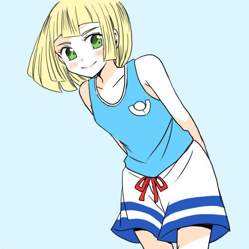 1girl arms_behind_back atsumi_yoshioka bangs bike_shorts blonde_hair blue_shirt blush closed_mouth collarbone commentary_request cosplay elio_(pokemon) elio_(pokemon)_(cosplay) eyelashes green_eyes grey_background leaning_forward lillie_(pokemon) looking_at_viewer lowres medium_hair pokemon pokemon_(game) pokemon_usum shirt shorts simple_background sleeveless sleeveless_shirt smile solo white_shorts