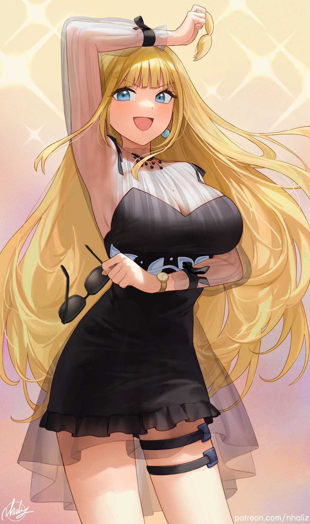 1girl :d arm_under_breasts arm_up armpits bangs black_dress black_ribbon blonde_hair blue_eyes blush breasts cowboy_shot dress earrings eyebrows_visible_through_hair fake_facial_hair fake_mustache frills highres holding holding_eyewear hololive hololive_english jewelry large_breasts long_hair looking_at_viewer mole mole_on_breast nhaliz official_alternate_costume official_alternate_hairstyle open_mouth patreon_username ribbon see-through signature smile solo sparkle_background sunglasses thigh_strap v-shaped_eyebrows virtual_youtuber watch watch watson_amelia yellow_background