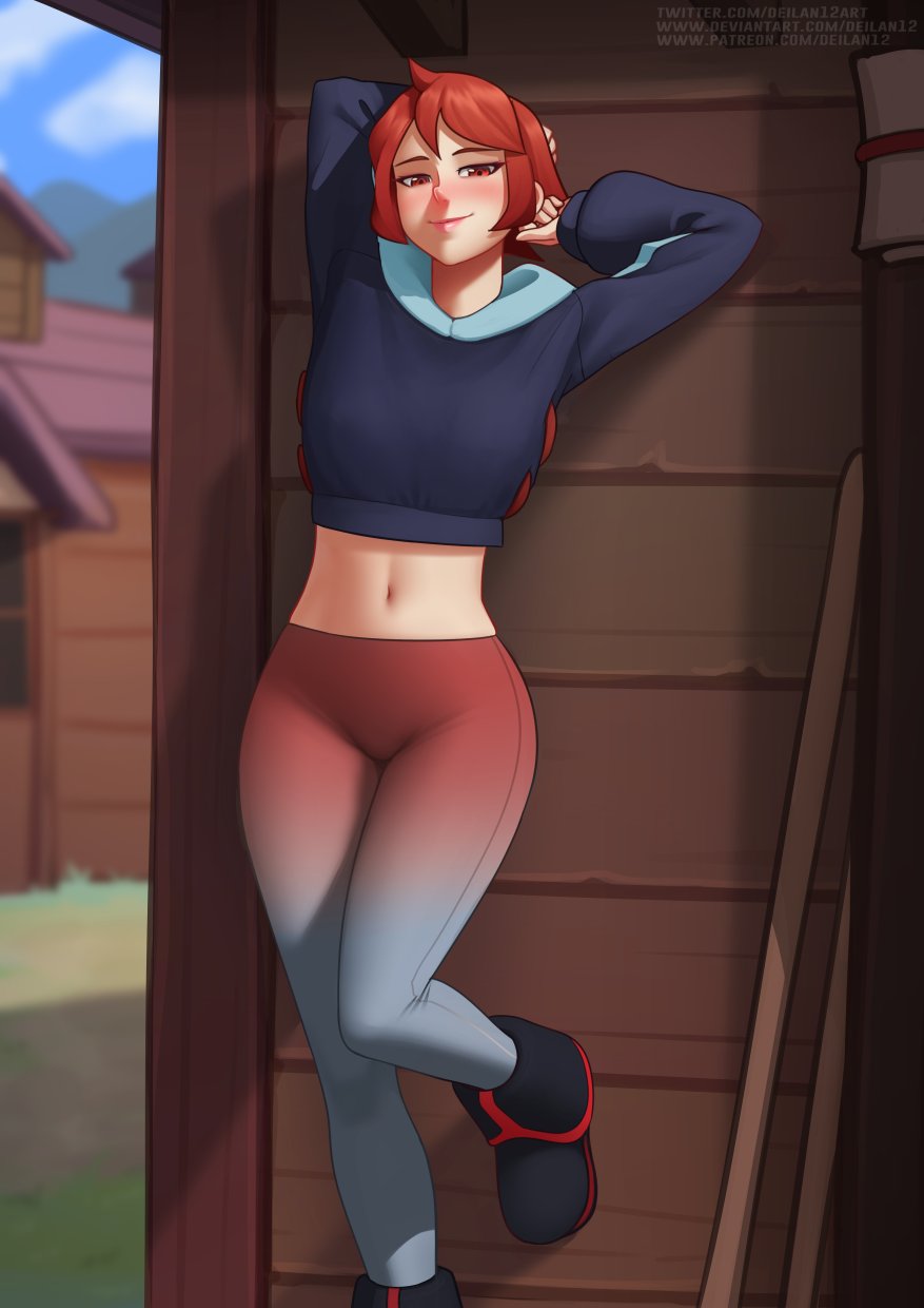 1girl arezu_(pokemon) arms_up bangs blush closed_mouth cowlick cropped_jacket deilan12 diamond_clan_outfit english_commentary gradient gradient_legwear highres jacket looking_at_viewer navel outdoors pantyhose pokemon pokemon_(game) pokemon_legends:_arceus red_eyes redhead short_hair smile solo