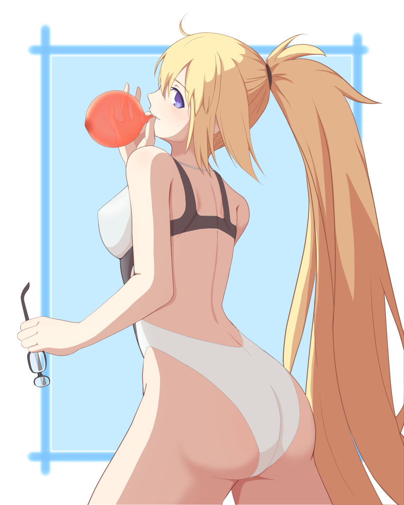 1girl ass balloon blonde_hair blowing blue_eyes commentary_request competition_swimsuit cowboy_shot drill_bulbul eyewear_removed fate/grand_order fate_(series) holding holding_balloon jeanne_d'arc_(fate) jeanne_d'arc_(swimsuit_archer)_(fate) looking_at_viewer looking_back one-piece_swimsuit ponytail solo swimsuit white_swimsuit