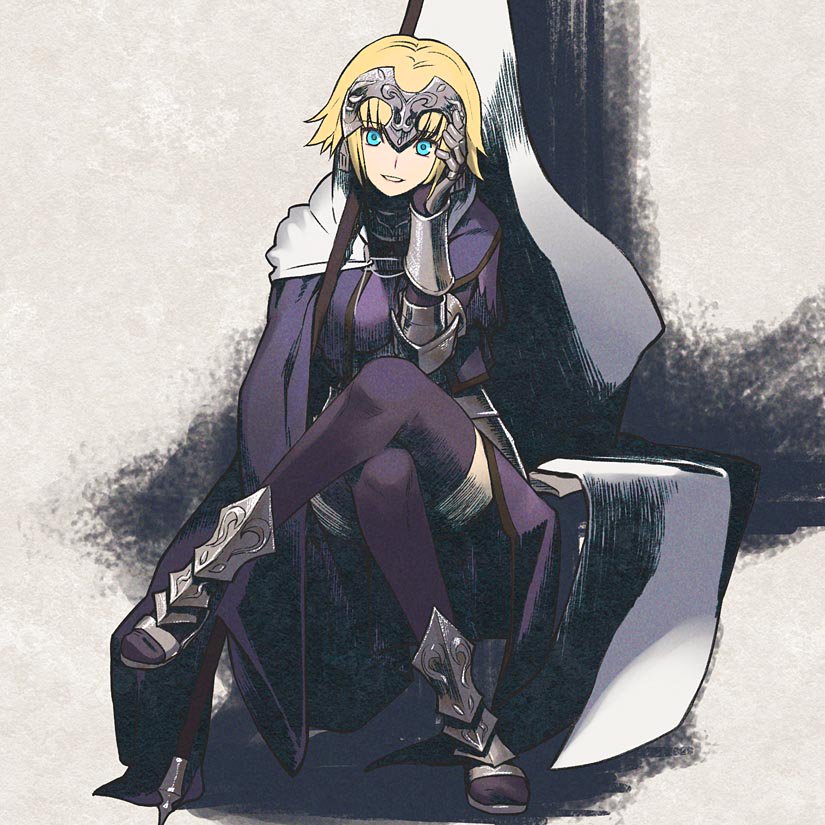 1girl armor armored_boots blonde_hair blue_eyes boots breasts cloak crossed_legs eyebrows_visible_through_hair fate/apocrypha fate_(series) full_body gauntlets headpiece jeanne_d'arc_(fate) looking_at_viewer sakamoto_mineji short_hair simple_background smile solo thigh-highs