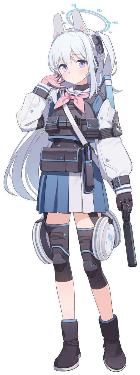 1girl armband blue_archive boots expressions full_body gloves gun halo highres knee_pads long_hair looking_at_viewer miyako_(blue_archive) official_art plate_carrier pouch rifle school_uniform silver_hair solo submachine_gun suomi_kp/-31 suzume_yuu tactical_clothes transparent_background vest violet_eyes weapon