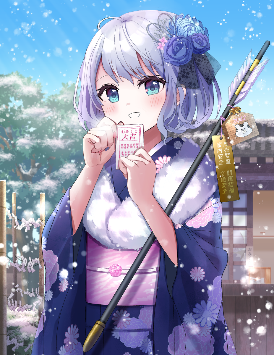1girl :d bamboo_fence bangs blue_eyes blue_kimono chinese_text commentary eyebrows_visible_through_hair eyelashes fence floral_print flower forehead fur_trim grey_hair hair_flower hair_ornament highres holding japanese_clothes kimono long_sleeves looking_at_viewer mizuki_(lvo0x0ovl) nail_polish open_mouth original outdoors parted_bangs purple_hair short_hair sky smile snow solo translation_request upper_body wide_sleeves