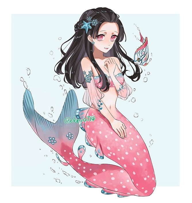 1girl air_bubble black_hair braid breasts bubble deer_(deer423-81) detached_sleeves earrings fish full_body hair_ornament hair_pulled_back half_updo hand_up jewelry kimetsu_no_yaiba light_smile looking_at_viewer mermaid monster_girl monsterification navel pink_eyes plant polka_dot see-through small_breasts smile snowflake_hair_ornament solo starfish_hair_ornament submerged tsuyuri_kanao vines