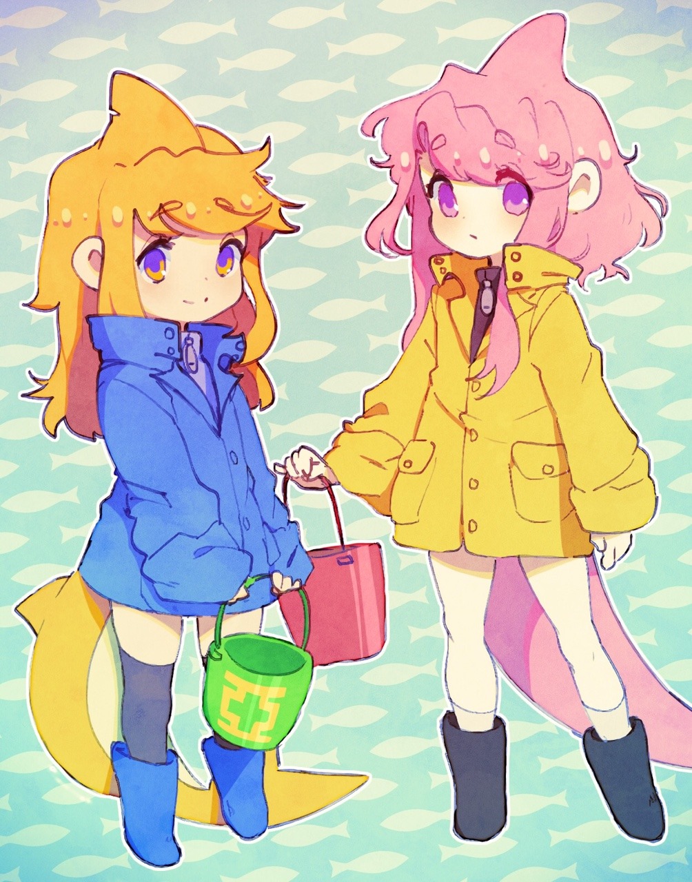 2girls apricot_(d-floe) black_footwear black_legwear blonde_hair blue_footwear blue_jacket boots borrowed_character bucket dolphin_girl eyebrows_visible_through_hair highres jacket lemon_(sheepiu) long_sleeves multiple_girls orange_eyes original outline over-kneehighs patterned_background pink_eyes shark_fin shark_girl sheepiu sleeves_past_wrists socks thigh-highs violet_eyes white_legwear white_outline yellow_jacket