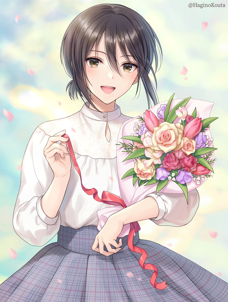 1girl :d bangs black_hair blurry blurry_background blush bouquet brown_eyes clouds cloudy_sky commission day depth_of_field eyebrows_visible_through_hair flower grey_skirt hagino_kouta hair_between_eyes long_sleeves looking_at_viewer original outdoors petals plaid plaid_skirt pleated_skirt puffy_long_sleeves puffy_sleeves purple_flower red_flower red_rose rose shirt skeb_commission skirt sky smile solo tulip twitter_username white_shirt yellow_flower yellow_rose