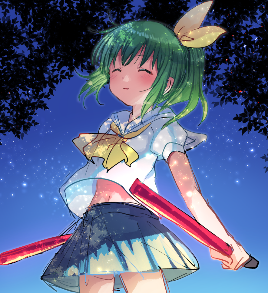 1girl belly blue_skirt blue_sky bow closed_eyes cookie_(touhou) daiyousei diyusi_(cookie) from_below green_hair hair_bow hair_ribbon leaf light_particles looking_up miniskirt navel neck_ribbon open_mouth ponytail ribbon sailor_collar school_uniform shirt short_hair short_sleeves skirt sky touhou traffic_baton white_shirt xox_xxxxxx yellow_bow yellow_ribbon