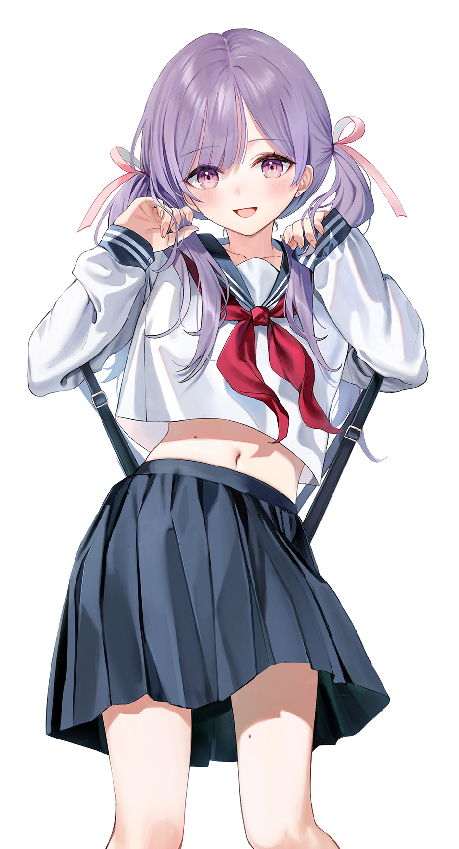 1girl :d black_skirt crop_top crop_top_overhang emyo hair_ribbon hands_up highres long_hair long_sleeves looking_at_viewer midriff mole_on_stomach navel neckerchief open_mouth original pleated_skirt purple_hair ribbon sailor_collar school_uniform serafuku shirt simple_background skirt smile solo standing suspenders twintails violet_eyes white_background white_shirt